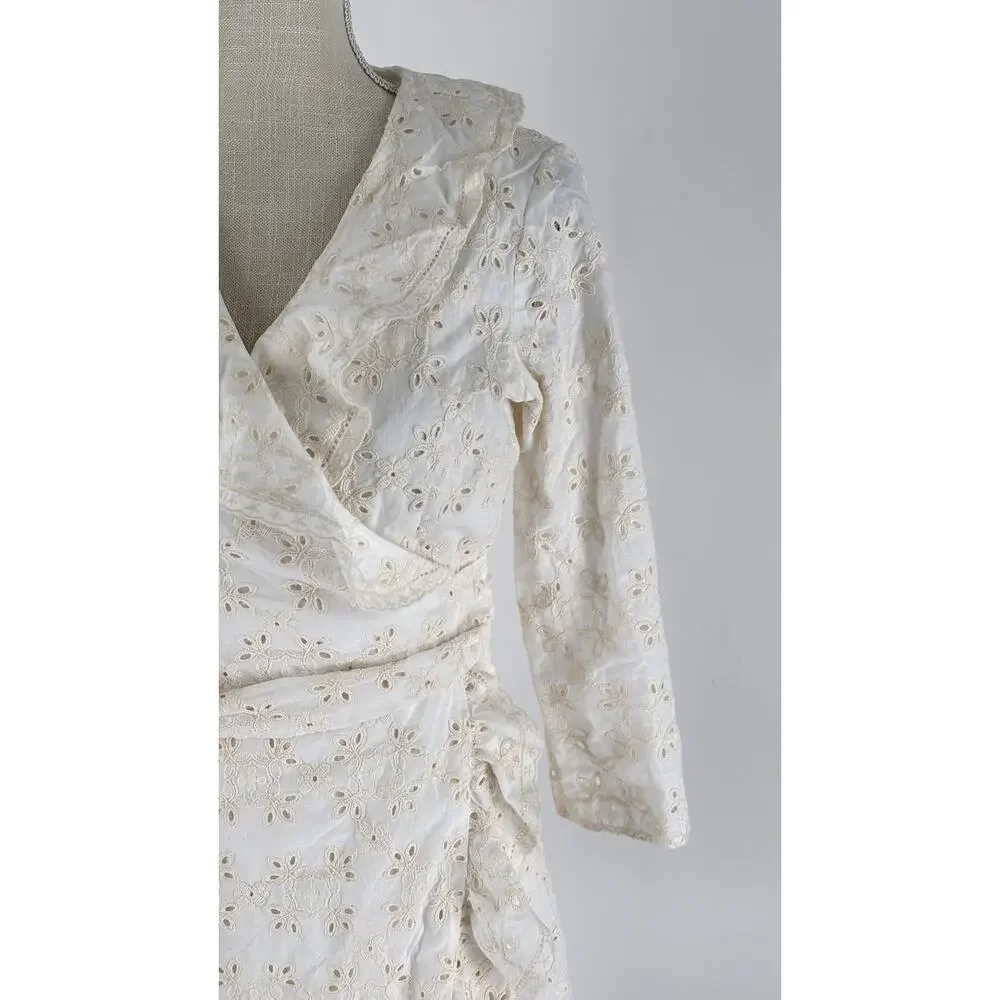 Sezane Robe Asianne Eyelet Mini Wrap Dress Womens Size 2 Ecru Cream New Flawed